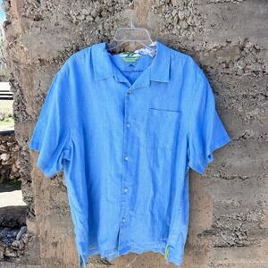Tommy Bahama Shirt Mens XL 100% Linen Blue Short Sleeve Button Up Hawaiian Golf